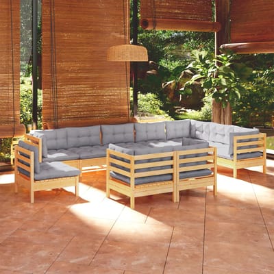 vidaXL - 10-delige - Loungeset - met - grijze - kussens - massief - grenenhout