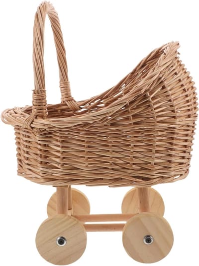 Poppenwagen Rieten - Speelgoed Kinderwagen Vintage - Kinderspel - Handgeweven Decoratief - 46x37x26.5 CM - Lichtbruin
