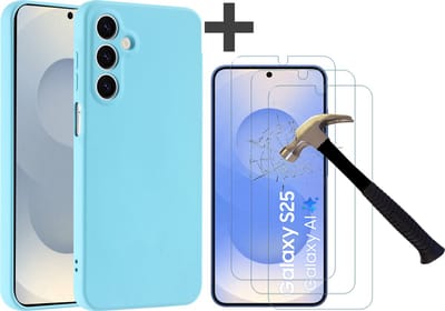 Hoesje geschikt voor Samsung Galaxy S25 hoesje zacht siliconen met 3 Stuks gehard glas Screenprotectors- Arara backcover - Blauw
