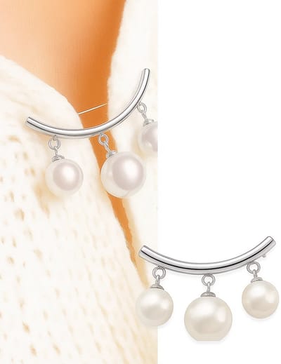 Parel Broche – Zilver – Elegante Fashion Broche met 3 Witte Parels – Sjaalspeld, Trui Clip & Cardigan Sluiting – Veiligheidsspeld Design – Luxe Damesaccessoire
