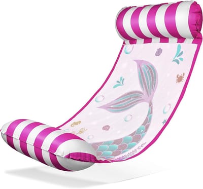 Roze-Wit Gestreepte Zeemeermin Waterhangstoel (130×70cm) – Comfortabele Drijfstoel met Verkoelend Net en Zeemeerminprint, Perfect voor Zwembad en Meer