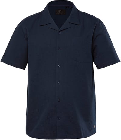 JP 1880 - Heren - Overhemd halflange mouwen seersucker Cubaanse kraag - Navy blauw - Maat L