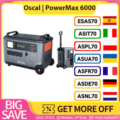 Oscal PowerMax6000 6000W robuuste krachtcentrale, 3600 Wh tot 57600 Wh LiFePO4-batterij, 14 stopcontacten, 120V/240V dubbele uitgangsspanning, 3500+ levenscirkel, slimme APP-bediening,