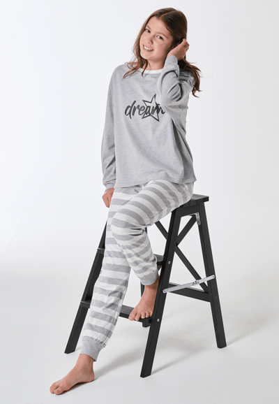 Lange pyjama met manchetten, streepjes, grijs gemêleerd - Teens Nightwear 140