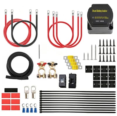 BG001-set + 3 m rode kabel (kabellengtes: 2 m, 0,5 m, 0,25 m, 0,25 m) + 12V spanningsgevoelig relais (VSR) + koperen kern – Slimme scheidingsrelais-set voor dubbele accu's