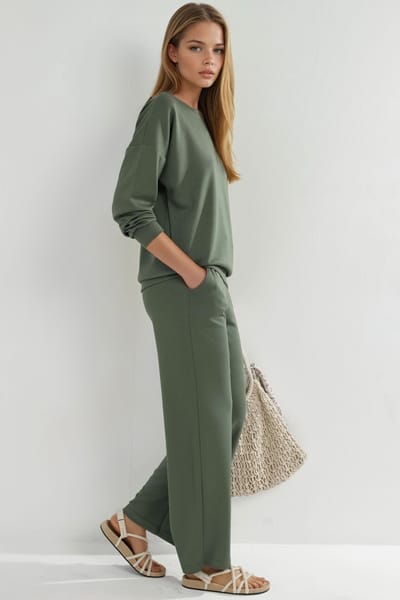 Modal Touch Ronde Hals Sweatshirt & Wijde Pantalon Twee-Stuks Set
