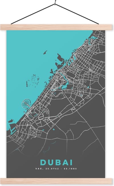 Posterhanger incl. Poster 40x60 cm - Schoolplaat - Dubai - Blauw - Kaart - Plattegrond - Stadskaart - Textielposter - Blanke latten - Stadskaart