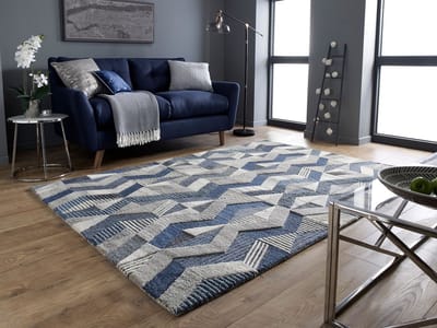 Flycarpets Asher Modern Laagpolig - 100% Wol - Geo Vloerkleed - Blauw - 160x230 cm