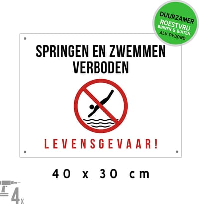 Pictogram/ bord Dibond + boorgaten | "Springen en zwemmen verboden - Levensgevaar!" | 40 x 30 cm | Kanaal | Politiereglement | Zwemverbod | Rivier | Politie | Brug | Onderkoeling | Roestvrij | 1 stuk