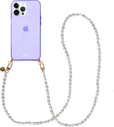 xoxo Wildhearts silicone case met koord - Paars telefoonhoesje met koord - telefoonketting - Pearlfection - long - Cord Case - geschikt voor Apple iPhone 12 Pro - Parelketting lang