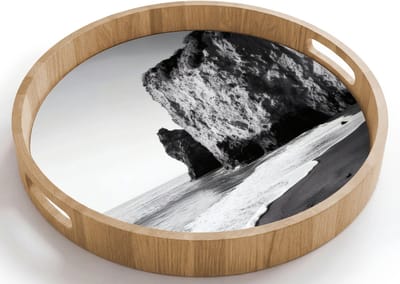 Dienblad rond 40x40 cm - Schootdienblad hout - Strand - Klif - Golven - Voetstappen - Borrelplank rechthoek - Plateau houten dienbladen