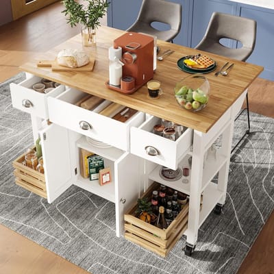 Keukeneiland met uittrekbare grenenmand en inklapbare plaat: mobiele keukentrolley wit met 360° wielen, 3-traps scheidingswand en multifunctioneel ontwerp, 120 x 45 cm (73) x 90 cm