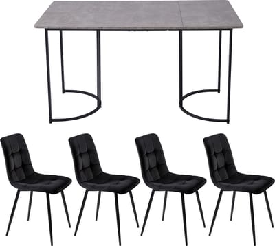 Sweiko Eettafel set (5-delige set), Eettafel set met 4-stoelen, Moderne keuken eettafel set, 140 x 80cm keuken eettafel met zwart metalen poten, grijs MDF tafelblad, zwart fluweel eetkamerstoelen