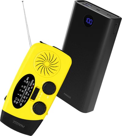 Noodpakket Camping - Noodradio 3-in-1 Solar Opwindbaar Geel+ 30.000 mAh Powerbank - Draagbare FM/AM Radio met Handslinger, LED Zaklamp en SOS - Wind Up Crank Radio voor Outdoor, Caravan, Festival en Stroomuitval