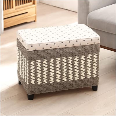 Voetenbankje met Opbergruimte - Ottomaanse Kruk - Schoenen Wisselen - Handgeweven Houten Basis - 60 cm Breed - Kleur C