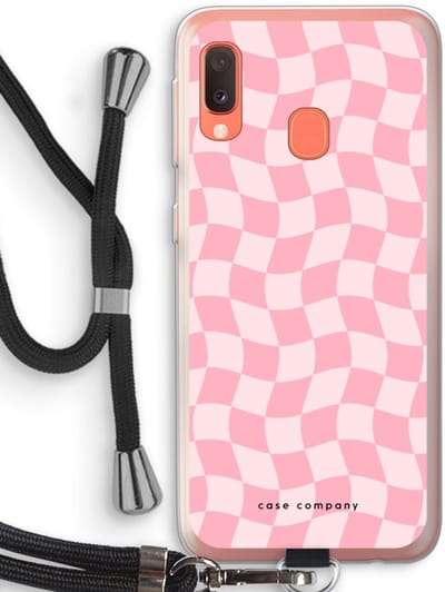 Case Company® - Hoesje met koord geschikt voor Samsung Galaxy A20e hoesje met Koord - Grid Roos - Telefoonhoesje met Zwart Koord - Bescherming aan alle Kanten en Over de Schermrand