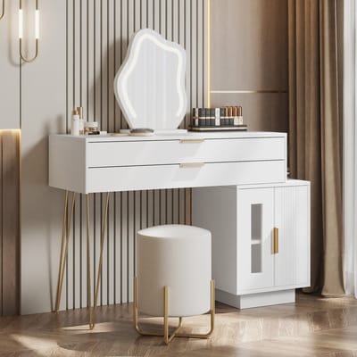 OKWISH Kaptafel - Make-up Tafel Met LED Spiegel En 2 Grote Laden - 100x40x78 cm - Spaanplaat - Wit
