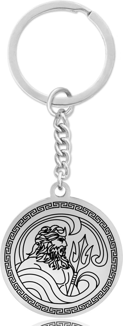 Griekse God Poseidon Sleutelhanger - Zilverkleurige Mythologie Talisman - Roestvrij Staal - Olympus Cadeau - Pax Amare