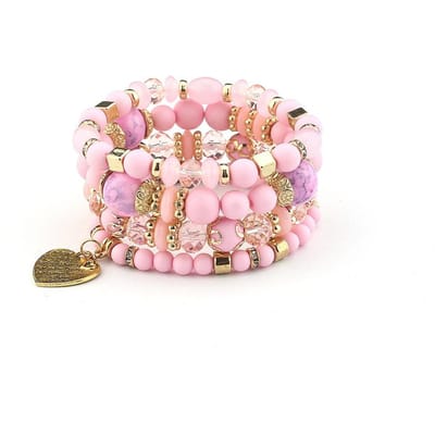 4 stuks Bohemia Acryl Kralen Armband Set Voor Vrouwen Massief Hart Bedel Elastische Ketting Armband Mannen Retro Dagelijkse Slijtage Sieraden Cadeau white