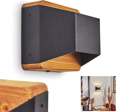 Dimbare Wandlamp van Metaal/Hout in Zwart/Natuur, Hoekige Lamp met Op- en Neer Effect, 3000 K, 400 Lumen, 1 x 4.3 Watt LED