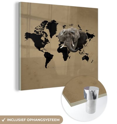 ® Glasschilderij 90x90 cm - Schilderij acrylglas - Wereldkaart - Olifant - Bruin - Foto op glas - Muurdecoratie woonkamer - Wanddecoratie slaapkamer - Schilderijen