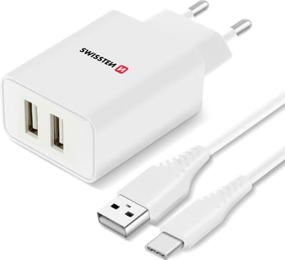 Swissten 2.1A Dual Port Travel Charger (10.5W) - 22053000 + Type-C USB Cable - White