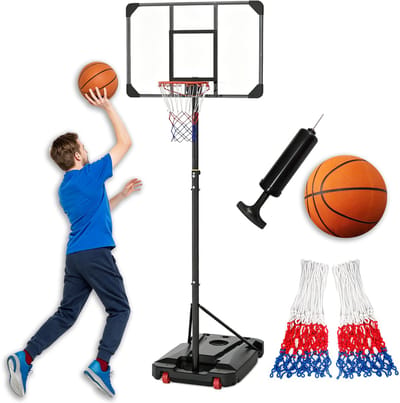 ACXIN Basketballstandaard Verstelbaar - 150-260cm - Basketbalring Compleet Set Outdoor - 38cm Korb - PVC Backboard 85x55cm - Stalen Frame PE Basis 40kg - Bal Pomp 2 Netten