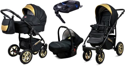 BabyLux® Kinderwagen 4in1 – GOLDLUX - ONYX BLACK FRAME - Opklapbare Wandelwagen incl. Reiswieg, Multifunctionele Buggy Sportstoel, Autostoel, ISOFIX basisstation - Combi-kinderwagen met Luiertas, Regenhoes, Klamboe