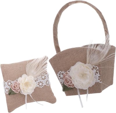Bruiloft Ringkussen - Bloemenmandje Decoratie - Romantische Sfeer Creëren - Hoogwaardige Materialen - 14x10x23cm - Koffie
