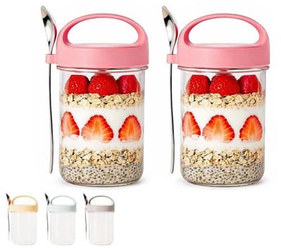 KZQ Overnight Oatmeal Pot - Tweedelige glazen pot met deksel en lepel, luchtdicht en herbruikbaar - Perfect voor het maken van havermout, yoghurt, gemengde granen en salades - Ideaal voor ontbijt, lunch, op reis, school en werk - Roze