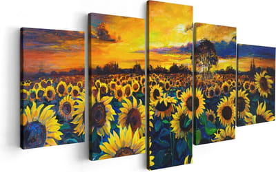 Artaza Canvas Schilderij Vijfluik Getekende Zonnebloemen Veld Met Olieverf - 100x50 - Foto Op Canvas - Canvas Print