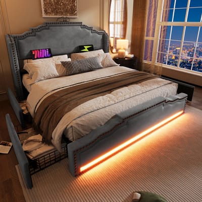 MIVRAY Gestoffeerd Bed 180x200 cm - Tweepersoonsbed met 4 Laden en Ledverlichting - Zonder Matras met USB C Oplaadpunt - Fluweel - Grijs