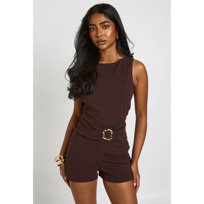 boohoo Dames Playsuit Met Slash-hals Goudkleurige Taille Detail | Chocoladebruin | Maat: 38