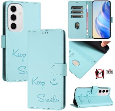 Voor Samsung Galaxy S24 FE 5G Smile Embossing RFID leren telefoonhoesje (mintgroen)