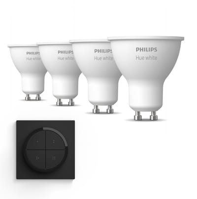 Philips Hue Uitbreidingspakket - GU10 - met 4 Spotjes - Warmwit Licht - Incl. 1 Hue Dial Switch (Zwart) - Hue White