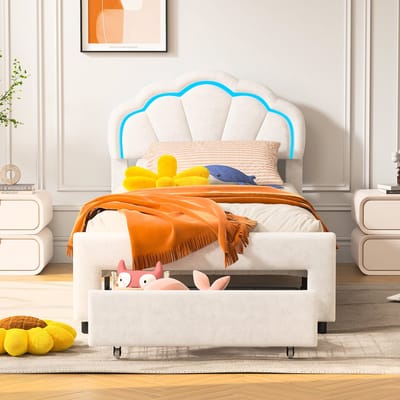 Meisjesbed, gestoffeerd bed 90x200 cm, kinderbed met ledverlichting en lade, schelpvormig hoofdeinde, lattenbodem, jeugdbed, zonder matras, wit
