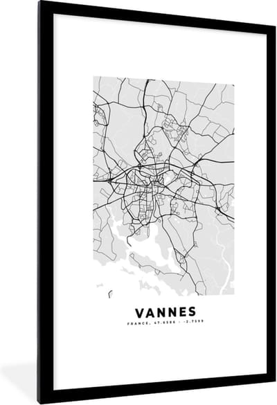 Fotolijst incl. Poster - Stadskaart – Frankrijk – Kaart – Vannes – Plattegrond - 80x120 cm - Posterlijst