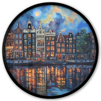 Poster in lijst Rond - Fotolijst 40x40 cm - Posters - Grachten Amsterdam - Huizen - Stad - Kleurrijk - Ronde posterlijst zwart - Decoratie - Wanddecoratie woonkamer - Muurdecoratie slaapkamer