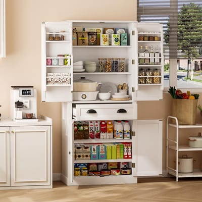Keukenkast - Opbergkast van 182 cm, 4 deuren en 1 lade, 2 deuren met planken, 6 opbergvakken en 4 verstelbare planken, geschikt voor keuken, eetkamer en woonkamer, wit