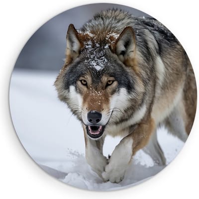 Saammp - Muurcirkel Hout - Wolf in de sneeuw - Winter - Dieren - Natuur - Ø 90 - Wandcirkel - Wanddecoratie Cirkel - muurdecoratie Woonkamer - Slaapkamer decoratie - Rond Schilderij