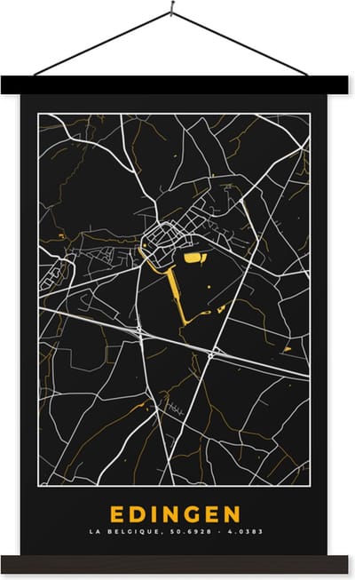Posterhanger incl. Poster 40x60 cm - Schoolplaat - Plattegrond - Kaart - Goud - Edingen - Stadskaart - Textielposter - Zwarte latten - Stadskaart