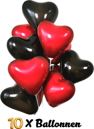 New Age Devi - "10 Hartjes Ballonnen - Rood & Zwart - Ø25cm - Valentijn/Huwelijk/Verloving/Bruiloft/Jubileum - Romantische Versiering - Latex Ballonnen"