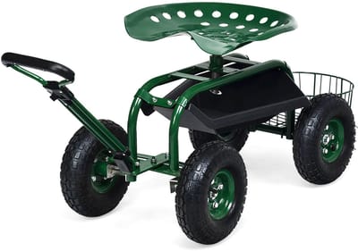 COSTWAY Rolzitje met wieltjes, tuinwagen met uittrekbare handgreep en mand, in hoogte verstelbaar, 360 graden draaibaar, tot 150 kg, mobiele tuinstoel, tuinrolstoel voor tuinieren, groen, 96,5 x 48,5 x 45,5- 54,5cm