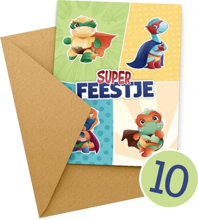 10 x Uitnodiging Kinderfeestje + Enveloppen - Beschrijfbaar - Uitnodiging verjaardag - Jongen of meisje - Uitnodigingskaarten - kraft envelop - Verjaardag Feest - Super Feestje Dino