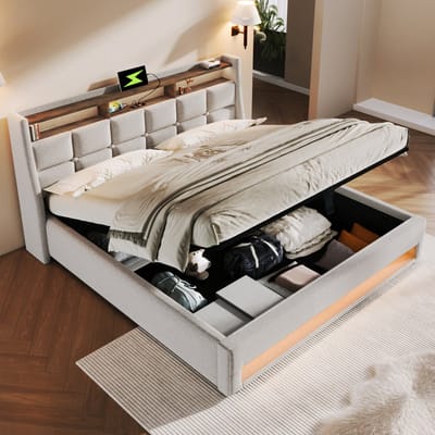 MEUNIQ gestoffeerd tweepersoons bed 160x200 cm met LED, 2 USB-poorten, lattenbodem en opbergruimte, bedframe voor slaapkamer, beige