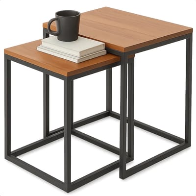 Lomera Bijzettafels Set van 2 - Modern Industrieel Design - In Hoogte Verstelbare Poten - Gepoedercoat Metaal Frame - MDF Tafelblad - Ruimtebesparend Ontwerp - Zwart Metalen Frame - Nesttafels - Woonkamer Bijzettafel - Compacte Bijzettafels