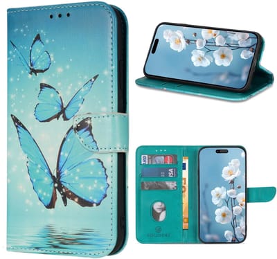 Multimedia & Accessoires Lederen Book Case Hoesje geschikt voor Apple iPhone 17 – Vlinderprint – Blauw -Telefoonhoesje – Met Stand – Kaarthouder – Pasjes Houder – Magneet Sluiting – Bookcase