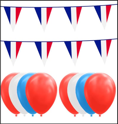 Frankrijk feestpakket Big - 6x Vlaggenlijn 10 meter + 150 ballonnen rood/wit/blauw - Versiering Slinger Feestdecoratie Decoratie