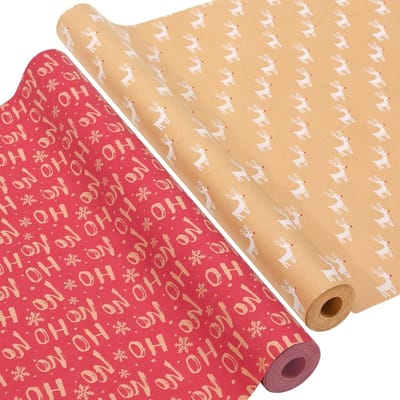2 Rollen Kerst Inpakpapier - 17 inch × 49.2 Feet per Rol, Recyclebaar Roodbruin Kraft Inpakpapier voor Cadeaus, Feestdecoratie en Verjaardagen - 138 m²