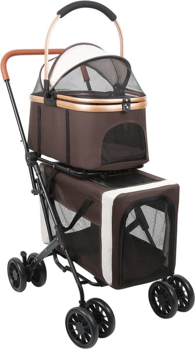 PIPIPOXER-Hondenbuggy Huisdierenwagen Huisdierenbuggy met veiligheidsgordel voor 2 honden, (2-delig), koffie